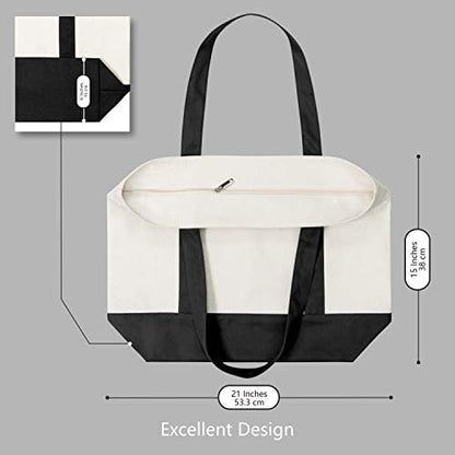 TOPDesign 6-Pack Canvas Tote Bags with an External Pocket, Reusable Grocery Shopping Bags, Top Zipper Closure, Daily Essentials (Black/Natural)