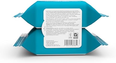 Amazon Basics Makeup Remover Wipes, Hydrating Facial Cleansing, Hyaluronic Acid, Dermatologist Tested, Plant Based, Alcohol-Free, Removes Waterproof Mascara, 25 Count, 2-Pack