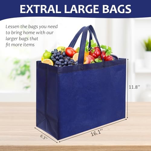 25 Pcs Reusable Tote Bag with Handles Bulk 16.1'' x 6.3'' x 11.8'' Extra Large Non Woven Grocery Shopping Bags for Shop Events Boutiques Retail Store(Navy)