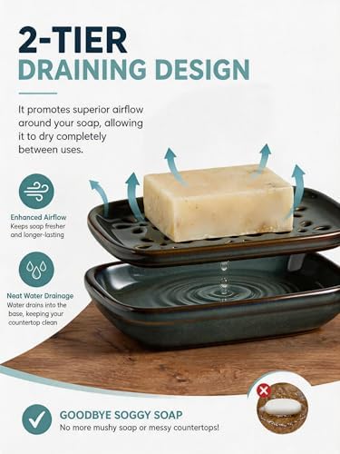 Miamolo Soap Dish for Shower, Bar Soap Holder 2 Layer Draining, Mess-Free