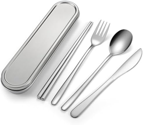 Travel cutlery set, 18/8 stainless steel cutlery, Reusable utensils set with case, Portable Silverware Lunch Box for Camping and Office (Stainless Steel)