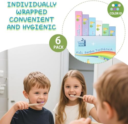 Kids Bamboo Toothbrushes, BPA-Free Soft Bristles, Eco-Friendly Natural Wooden Toddler Toothbrush, 6-Pack Travel Toothbrushes Set for Children
