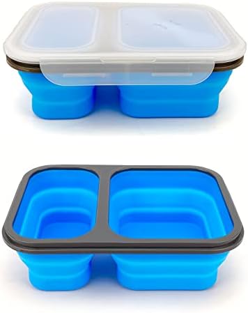 2 Compartments Collapsible Airtight Bento Box with Ideal Portion 600ml & 450ml and 2 in 1 Spoon & Fork, Food Grade Silicone Lunch Container for Adults Work Travel, Microwave Safe