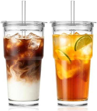 SoulTimes 20oz Clear Glass Tumbler with Lid and Straw – Iced Coffee Glasses Cups for Smoothie, Matcha, Juice, Water etc. Leakproof and Reusable Glassware Drinking for Travel To Go 【2 Pack】