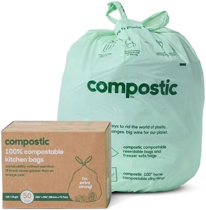 Compostic Compostable Trash Bags, 13 Gallon Tall Kitchen (50 Count) Starter Pack — Extra Strong, Home Compostable, Plant-Based, Non-Toxic, Unscented Garbage Bags