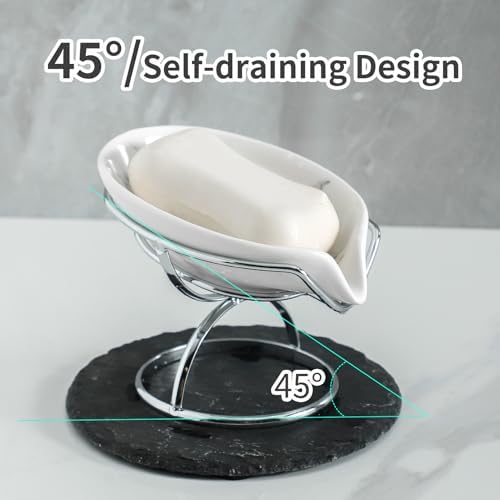 Dobbyby Leaf-Shaped Soap Dish – Ceramic Soap Bar Holder with Self-Drainage System – Bar Soap Holder for Shower, Bathroom Sink, Kitchen – Soap Dish with Stainless Steel Stand (White-Sliver-2 Pack)