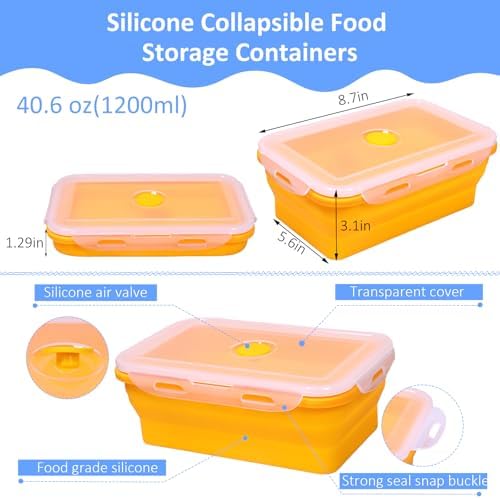 3 Pack Collapsible Silicone Food Storage Containers with Lids, 40.6oz Bento Lunch Boxes, for Kitchen, Office, Camping, Travel, BPA Free