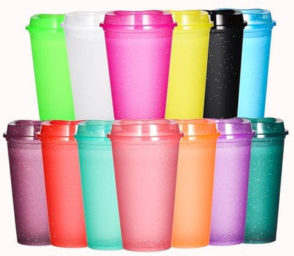 16oz Reusable Plastic Coffee Cups with Lids, 13 Pack, Glitter