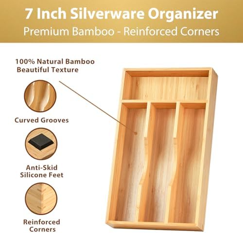 Umilife Bamboo Kitchen Drawer Organizer, 7 Inch Silverware Utensils Tray Holder for Small Drawer, Wood Caddy for Flatware Cutlery Knives