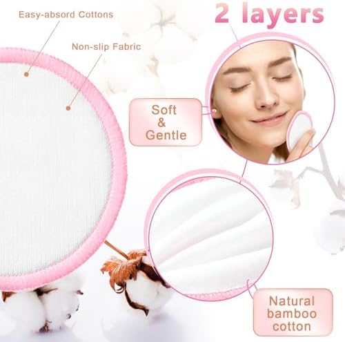 Foaincore 40 Pcs Reusable Makeup Remover Pads with Mesh Storage Bag and Bamboo Box Washable Bamboo Cotton Rounds Soft Reusable Face Pad for Toner Skin Various Skin Care Products(White Pink)