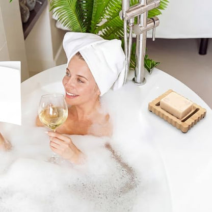 Jinei 2 Pcs Scalloped Wood Soap Dish Bulk 4.92 x 3.35 x 0.59 Inch Bamboo Bar Soap Holder with Self Draining Non-Slip Point Design Sponge Saver for Shower Bathroom Kitchen