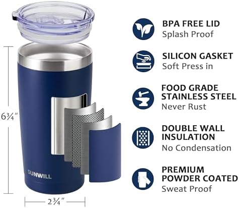 SUNWILL Travel Coffee Mug with Lid, 20 oz Tumbler Set of 2, Insulated Stainless Steel Cup for Water, Tea, Powder Coated Wine & Navy