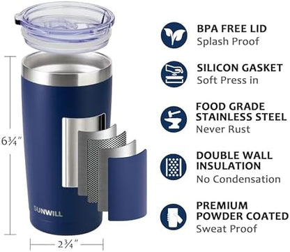 SUNWILL Travel Coffee Mug with Lid, 20 oz Tumbler Set of 2, Insulated Stainless Steel Cup for Water, Tea, Powder Coated Wine & Navy