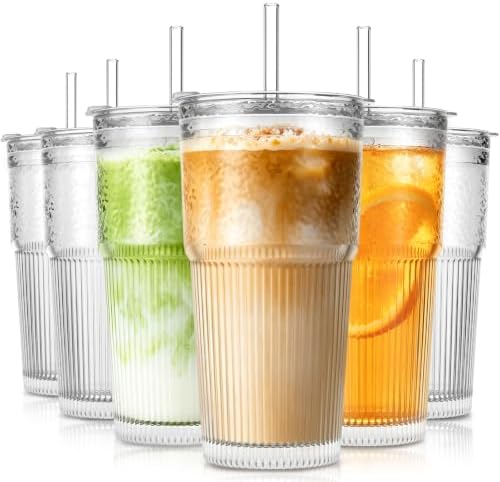 SoulTimes 20oz Wave Ribbed Glass Tumbler with Lid and Straw – Iced Coffee Glasses Cups for Smoothie, Matcha, Juice, Water etc. Leakproof and Reusable Glassware Drinking for Daily & Travel To Go [6Pcs]