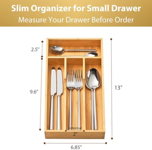 Umilife Bamboo Kitchen Drawer Organizer, 7 Inch Silverware Utensils Tray Holder for Small Drawer, Wood Caddy for Flatware Cutlery Knives
