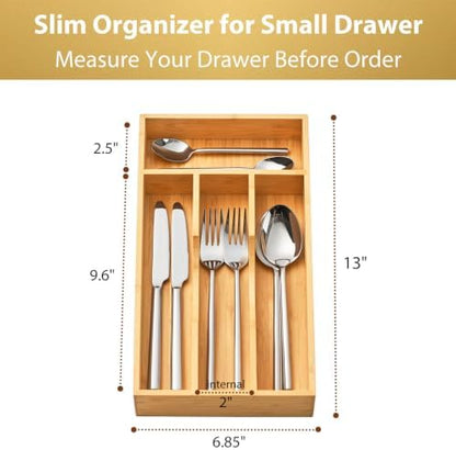 Umilife Bamboo Kitchen Drawer Organizer, 7 Inch Silverware Utensils Tray Holder for Small Drawer, Wood Caddy for Flatware Cutlery Knives