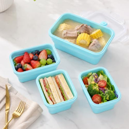 4Pcs Collapsible Silicone Food Container with Lid Heat Resistant Foldable Food Storage Containers Microwave Dishwasher and Freezer Safe 350/500/800/1200 ml for Kitchen Picnic Travel(Sky Blue)