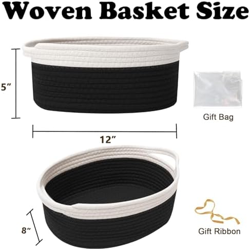 Woven Rope Basket - Baby Gift Basket with Bag & Ribbon, White&Black