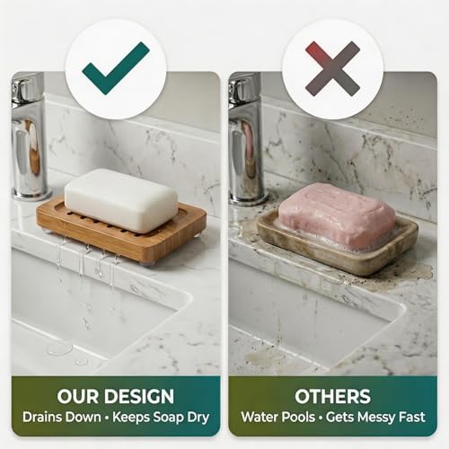 Bamboo Soap Dish with Drainage, 2 Pack Slotted Self Draining Bar Soap Holder, Acacia Finish for Shower, Bathroom Sink & Kitchen Countertop