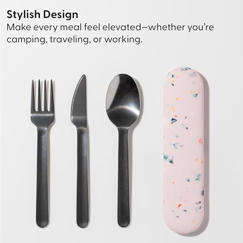 W&P Porter Stainless Steel Utensils with Silicone Carrying Case | Cream | Spoon, Fork & Knife for Meals on the Go | Portable and Compact Set
