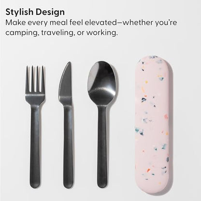 W&P Porter Stainless Steel Utensils with Silicone Carrying Case | Cream | Spoon, Fork & Knife for Meals on the Go | Portable and Compact Set