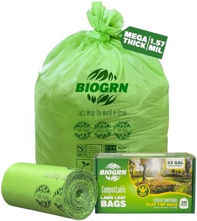 30-33 Gallon Compostable Trash Bags Flat-Top 30 Bags Heavy Duty1.57 Mil, 124.92 Liter Large Lawn and Yard Waste Bag green for Outdoor Garden ASTM D6400, US BPI and OK Compost Home Certified
