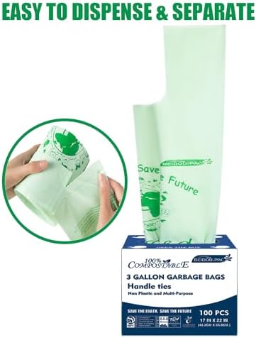 BEIDOU-PAC 100% Compostable Trash Bags, 3 Gallon Compost Bags Small Kitchen Trash Bags with Handle, 100 Count Sturdy Garbage Bags Food Scrap Waste Bags, ASTM D6400, US BPI Certified
