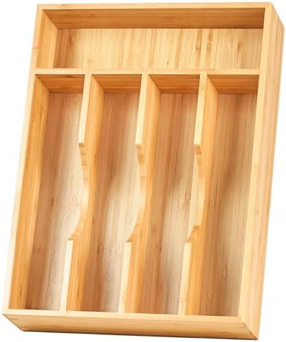 Umilife Bamboo Kitchen Drawer Organizer, 9 Inch Silverware Utensils Tray Holder for Small Drawer, Wood Caddy for Flatware Cutlery Knives