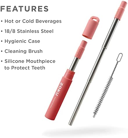 Zoku Reusable Metal Straw with Case, Collapsible Travel Straw - Red