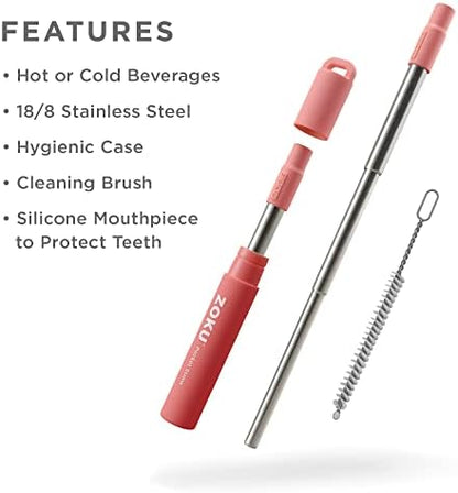 Zoku Reusable Metal Straw with Case, Collapsible Travel Straw - Red