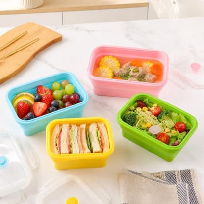 4Pcs Collapsible Silicone Food Container with Lid Heat Resistant Foldable Food Storage Containers Microwave Dishwasher and Freezer Safe 350/500/800/1200 ml for Kitchen Picnic Travel(Multicolor)