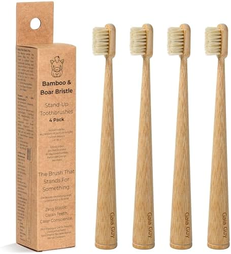 Gaia Guy Bamboo & Boar Bristle Toothbrushes – 4 Pack | Natural Boar Bristles | Plastic-Free, Standing Handle | Minimalist, Low-Waste Oral Care