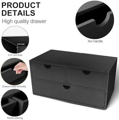 Charmewooden desk organizer with drawers countertop drawer organizer Tabletop Storage Organization Box Home Office Workspace Bathroom Toiletries Supplies (black)