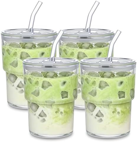 13oz Iced Coffee Cup, Reusable Glass Tumbler with Straw and Lid, Thick Wall Glass Cups with Lids and Straws for Matcha, Smoothies, Drinking Glassware Water Cups (clear-4pack)