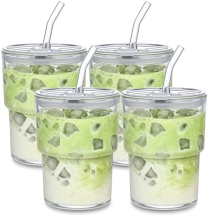 13oz Iced Coffee Cup, Reusable Glass Tumbler with Straw and Lid, Thick Wall Glass Cups with Lids and Straws for Matcha, Smoothies, Drinking Glassware Water Cups (clear-4pack)