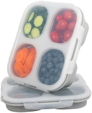 4-Compartment Collapsible Silicone Snack Containers (2-Pack), Leakproof Bento Box for Adults Portion Control, Space Saving Food Storage snakle box with Airtight Clip Lids, Microwave Safe (2)