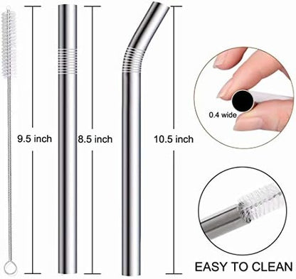 Vinaco 6 Pack 0.4" Wide Bore Reusable Stainless Steel Metal Smoothie Straws