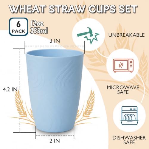 Wrova Wheat Straw Cups Set 6-Piece, 12 OZ Plastic Cups Reusable Drink Cups