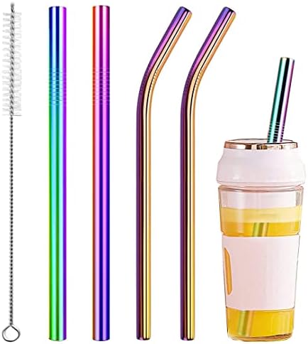 Vinaco 4 Pcs Rainbow 0.4" Wide Bore Reusable Stainless Steel Smoothie Straw