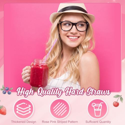 Honeydak 50 Pcs Reusable Plastic Straws Bulk,Rose Red Stripe