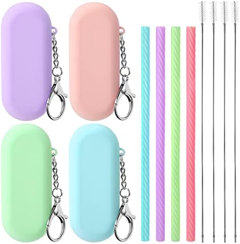 Meanplan 4 Sets Reusable Straws Travel Case Brush Silicone,Classic Color