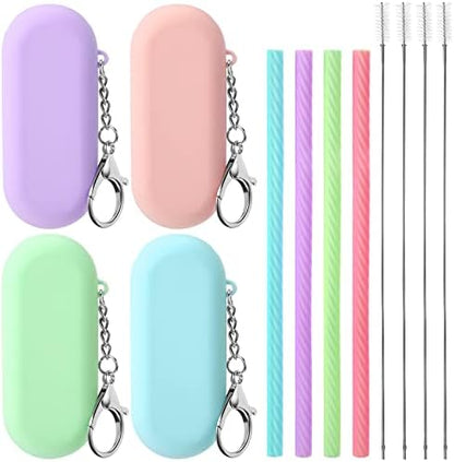 Meanplan 4 Sets Reusable Straws Travel Case Brush Silicone,Classic Color