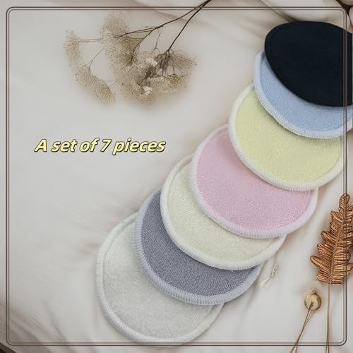 Reusable Makeup Remover Pads - 7 Pcs Soft Cotton Rounds for Face with Friendly Bamboo Fiber, Washable Makeup Remover Cloth for All Skin Types - Ideal for Facial Cleansing (7 Colour)
