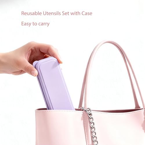 Travel Utensils with Case, Camping Utensil Sets, Wheat Straw Portable Knife Fork Spoons Tableware, Reusable Utensils for Lunch Box (Purple)