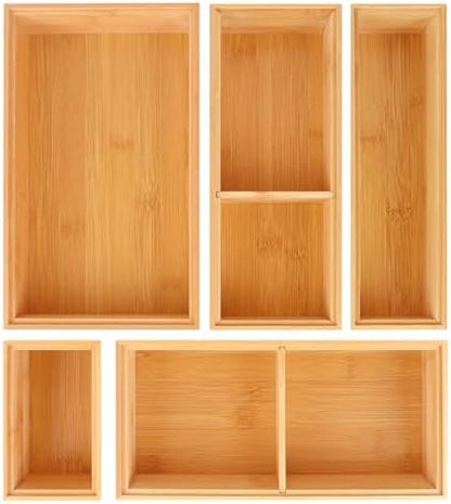 Bamboo Drawer Organizer,5 PCS Silverware Organizer & Kitchen Organizers and Storage,Utensil Drawer Organizer With Removable Dividers for Kitchen,Utensils,Bathroom,Office,Makeup(Natural)
