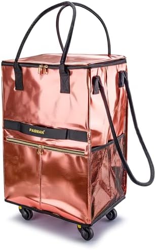 PASMAN Reusable Foldable Rolling Grocery Bag on 5 Wheels,Large, Rose Gold