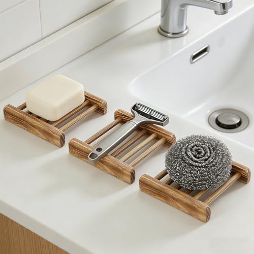 50 PCS Bamboo Soap Dish for Shower 3.3x2.3x0.6 Inch Wooden Soap Holder Self Draining Wooden Soap Tray Handmade Wood Soap Saver Bamboo Soap Holder for Bathroom, Shower, Kitchen (Charcoal Color