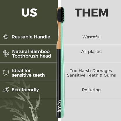 Extra Soft Toothbrushes for Adults - 3 Replaceable Natural Bamboo Tooth Brush Heads with Black Almunium Handle. Soft Bristle Braces Toothbrush. Butter on Gums Manual Toothbrush
