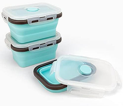 CCyanzi 3piece Collapsible Food Storage Containers with Lids, Silicone Lunch Container, Microwave & Freezer Safe, Space Saving for Kitchen Cabinet and Camping Backpack,(blue gray)