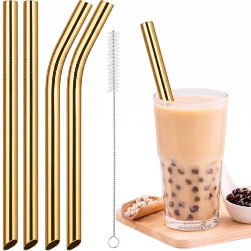 NiHome 4-Pack Stainless Steel Straws for Boba, Smoothie, 10.4” Metal Straws